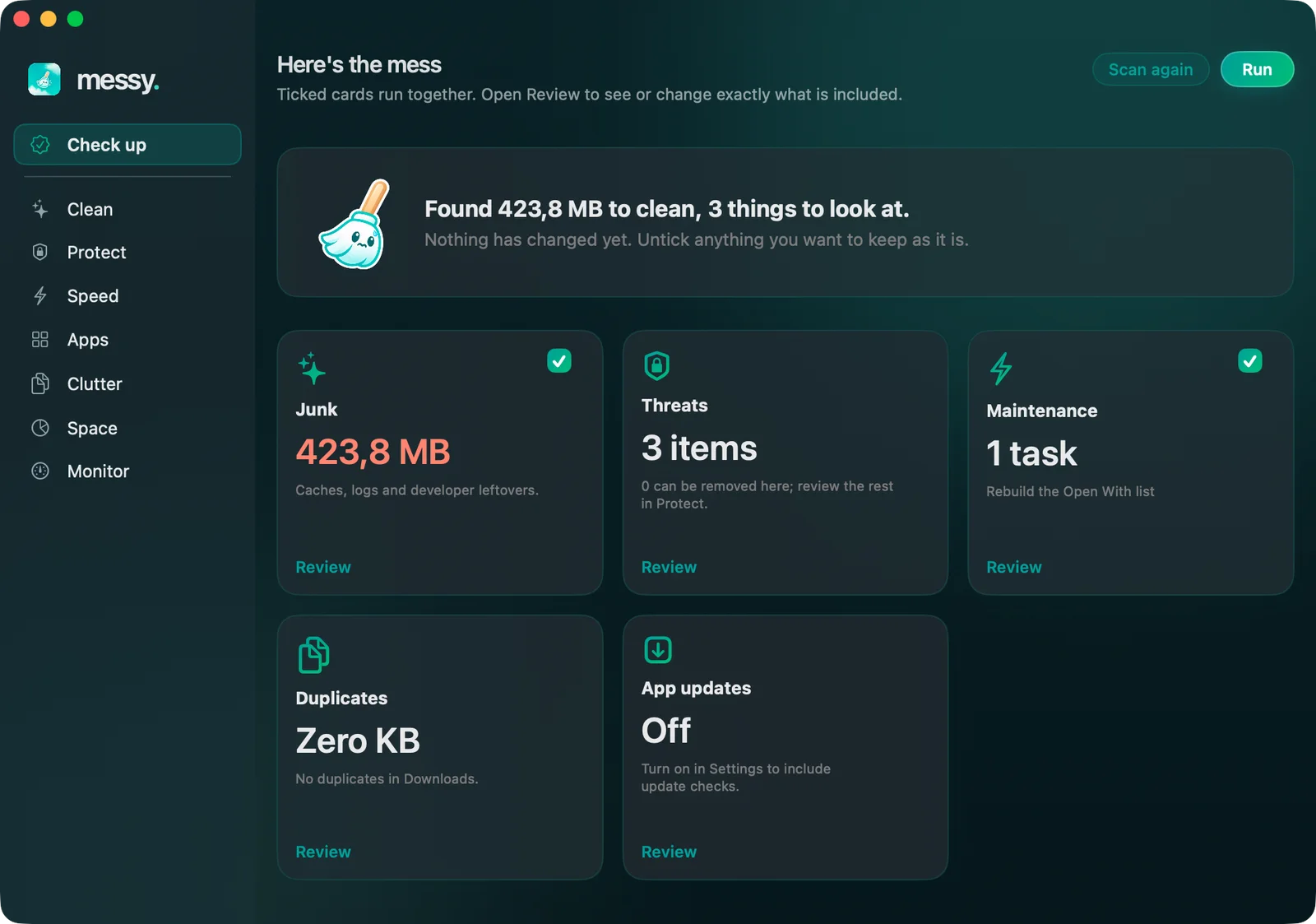 Messy's Check up results: a banner reading Found 423.8 MB to clean with the broom mascot, and cards for junk, threats, maintenance, duplicates and app updates